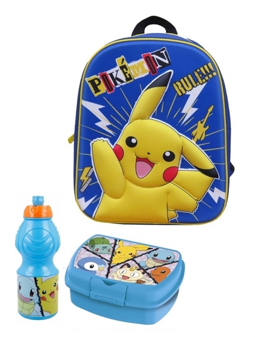 Pokemon børnehavestart sæt, rygsæk Pikachu 3D, madkasse og drikkedunk