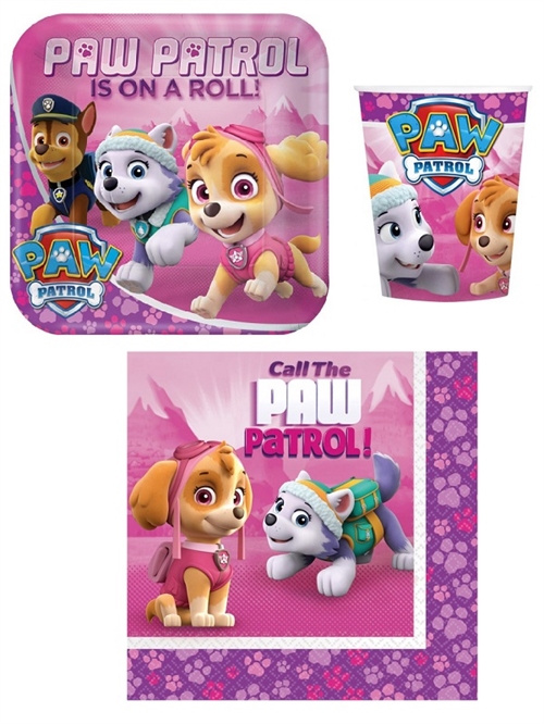 Paw Patrol paptallerkner, krus , servietter til 8 personer, Skye-Everest , pink