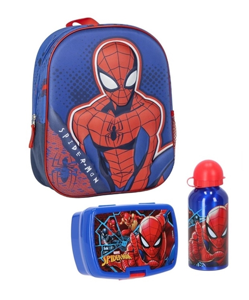 Spiderman børnehavestart sæt - rygsæk 3D, madkasse og drikkedunk 