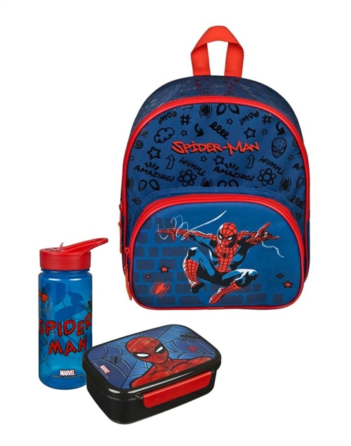 Spiderman børnehavestart sæt - rygsæk 2 rum , madkasse og drikkedunk 