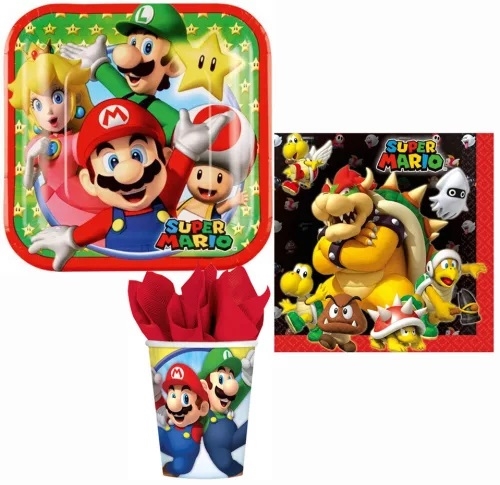 Super Mario paptallerkner, servietter og krus til 8 personer , TEAM