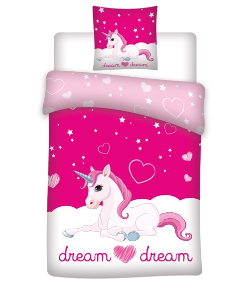 Enhjørning - unicorn sengetøj lyserød , Dream ,140*200cm/ 63*63 cm