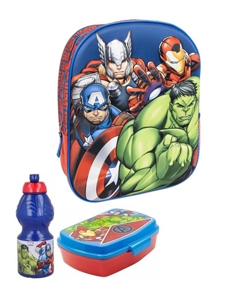 Avengers børnehavestart sæt - rygsæk 3D , madkasse og vandflaske , blå