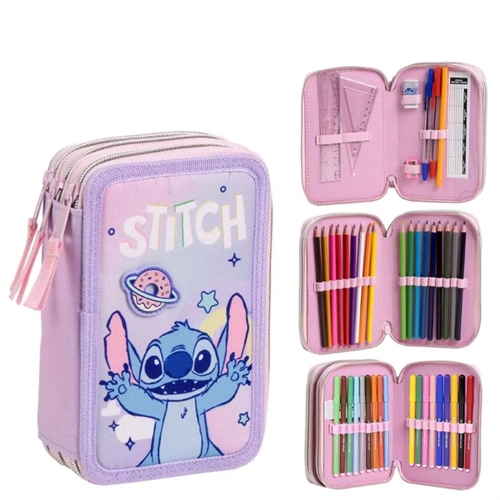 Disney Stitch penalhus 3 lag med tilbehør , Lilla