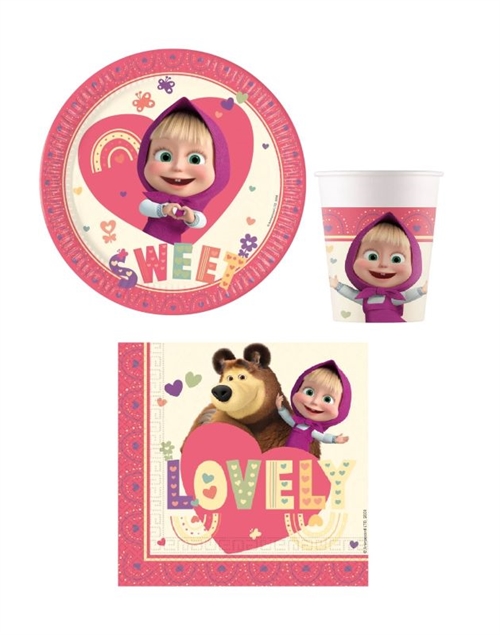 Masha og Bjørnen Sweat Heart paptallerkner, servietter , krus til 8 personer