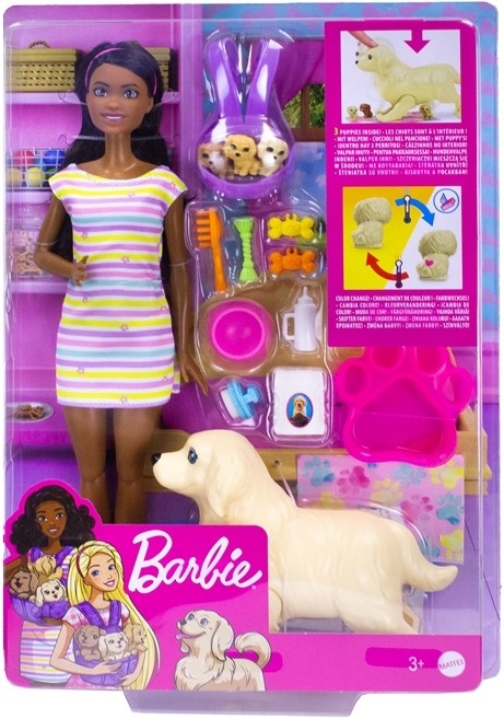 Barbie dukke med hund og nyfødte hundehvalp playset