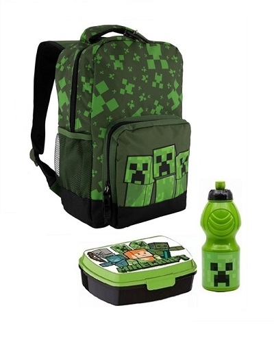 Minecraft børnehavestart sæt, Creeper rygsæk 35 cm -madkasse -drikkedunk 
