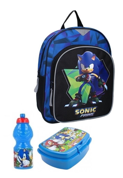 Sonic børnehavestart sæt , rygsæk 2 rum, madkasse og drikkedunk