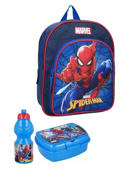 Spiderman børnehavestart sæt - rygsæk 2 rum, madkasse og drikkedunk 