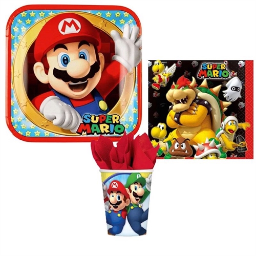 Super Mario paptallerkner, servietter og krus til 8 personer