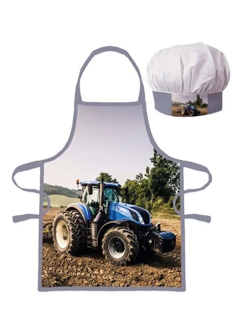 Traktor forklæde og kokkehue blå
